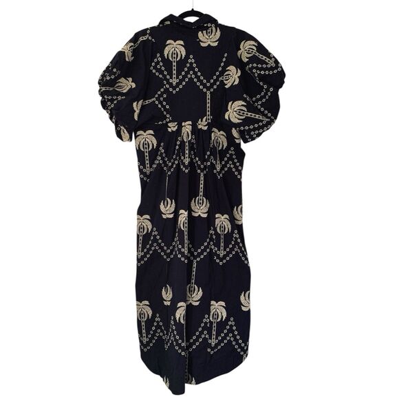 Umgee Dress Palm Tree Embroidered S Black Puff Sleeve Smocked Boho Resortwear - Picture 3 of 10